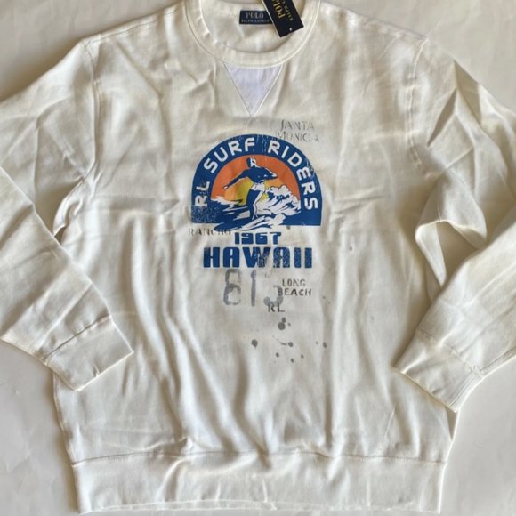 Polo Ralph Lauren Graphic Surf Riders Hawaii Fleece Crewneck Pullover Sweatshirt